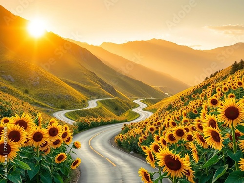Golden sunlight illuminates winding mountain roads amidst a sea of vibrant sunflowers, golden hour, nature