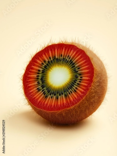 Kiwi with fuzzy brown skin and bright green flesh, sweet, green