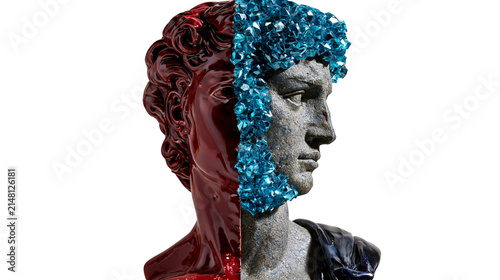 Foto Split marble and red resin bust of David adorned with blue crystals, isolated on