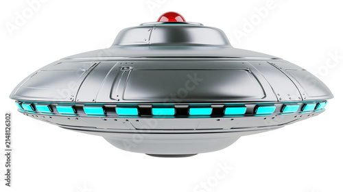 Obraz na płótnie Metallic flying saucer with glowing blue lights and red dome, isolated on transp