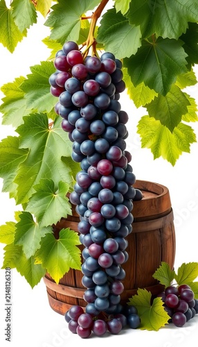 Ripe grapes spilling over wooden barrel amidst lush green grape leaves on a crisp white background, still life, wine