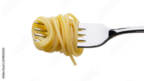Spaghetti twirled on a shiny metal fork, isolated on transparent background
