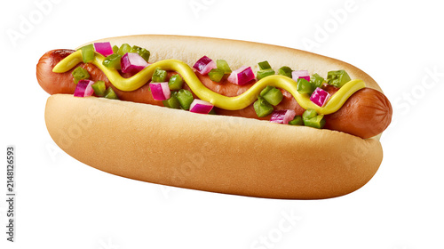 Juicy hot dog with mustard chopped green peppers and red onions, isolated on transparent background
