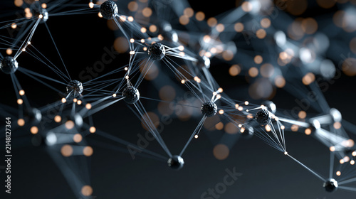 Abstract digital network of connected nodes and glowing links representing data, technology and connectivity