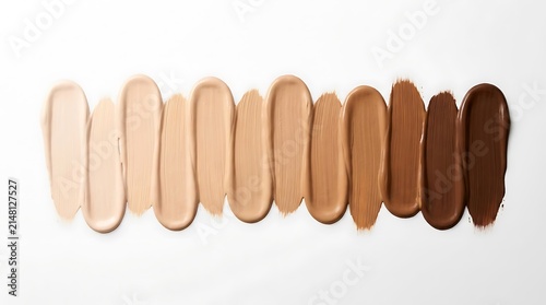 Fototapeta Various shades of liquid foundation makeup swatches in a row. foundation shade chart