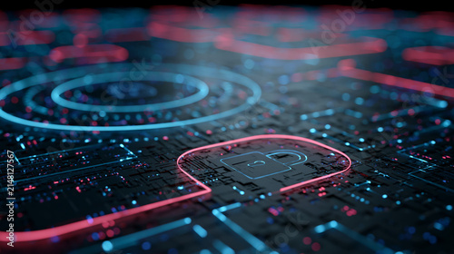 Digital padlock on a glowing circuit board representing cybersecurity, data protection and network security