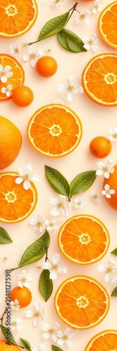 Soft orange fruit pattern with delicate white flowers on a pale pastel background, triangles, gentle