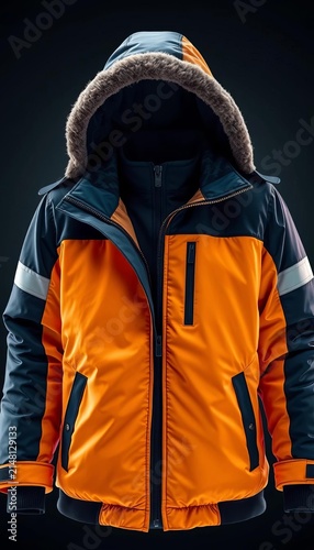 Warm, insulated, water-resistant, adjustable cuffs, two-tone color scheme, metal zipper, fleece-lined hood, adjustable hem, reflective strips, sports, ski