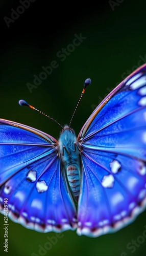 Violet-blue butterfly with white spots and delicate legs, delicate, blue