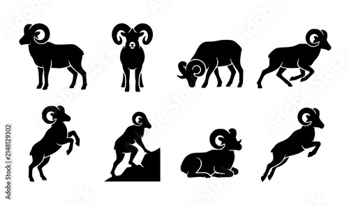 Black Ram Silhouette Collection in Multiple Poses Premium Vector Icon Set