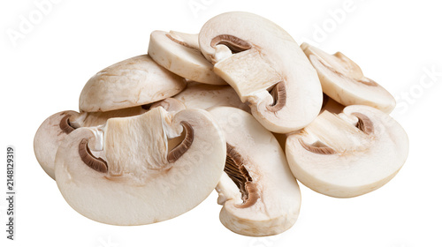 Pile of sliced white button mushrooms, isolated on transparent background