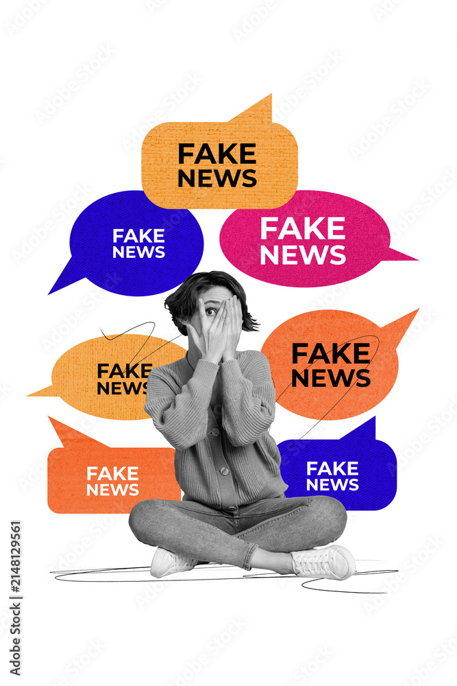 Obraz premium Vertical photo collage young woman fake news propaganda manipulation brainwashing textbox message reply drawing background