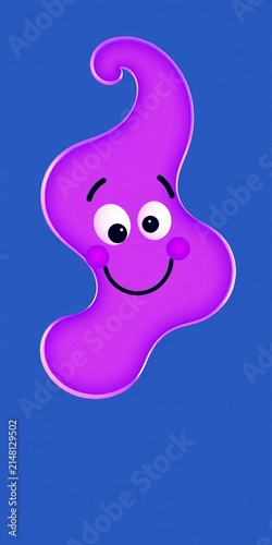 Whimsical abstract shape with purple hue, smiling face and expressive eyes, imagination, graphic