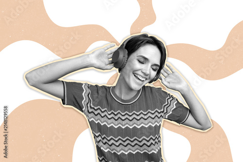 Foto Creative collage picture young cheerful girl listen music headphones meloman pla