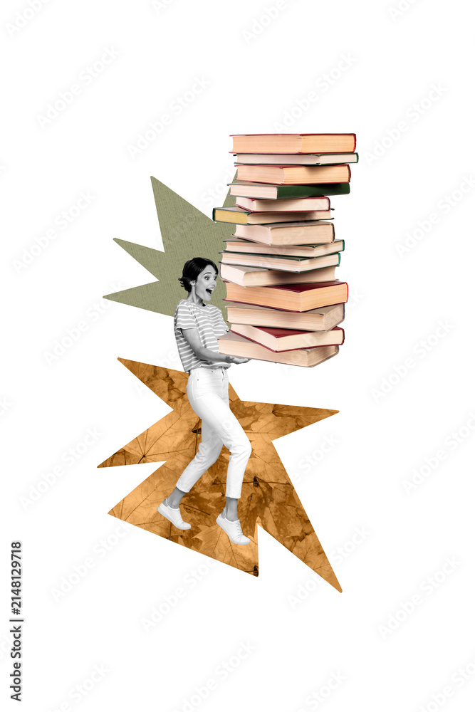 Fototapeta premium Vertical photo collage of happy girl carry book stack education hobby bookworm library academic knowledge isolated on painted background