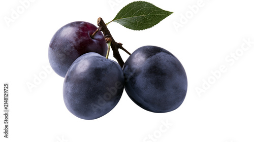 Quadro su tela Three ripe dark purple plums on a branch with a green leaf, isolated on transpar