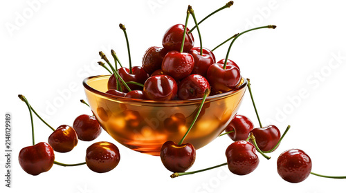 Glossy dark red cherries spilling from amber glass bowl, isolated on transparent background