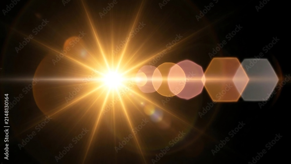 Obraz premium Bright golden sun lens flare effect with light rays and bokeh, isolated on black background, generative AI 