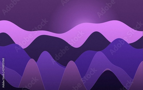 Abstract landscape featuring layered wavy lines in various shades of purple, creating a rhythmic, flowing mountain silhouette