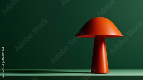 A modern orange table lamp positioned on the forest-green background
