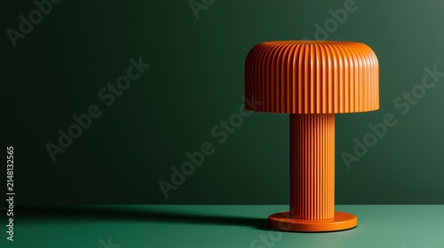 A modern orange table lamp positioned on the forest-green background
