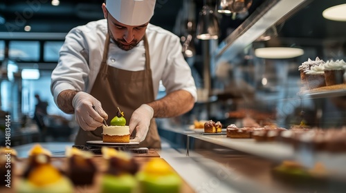 Pastry Chef's Artistry: A skilled pastry chef meticulously decorates a delicate dessert in a professional kitchen, surrounded by an array of sweet creations.