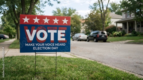 Vote make your voice heard election day sign in a suburban residential neighborhood