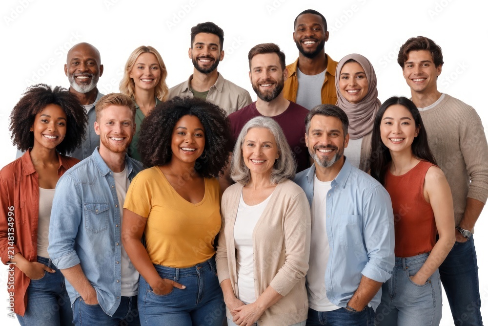 Fototapeta premium Diverse group of smiling people standing together against a white background.