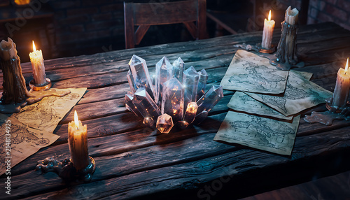 Ancient Wizard Table with Glowing Crystal Cluster, Candles and Magical Maps