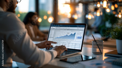 over the shoulder view of professional reviewing workforce data on laptop screen with recruitment automation dashboard, hiring analytics charts, bright modern office, human