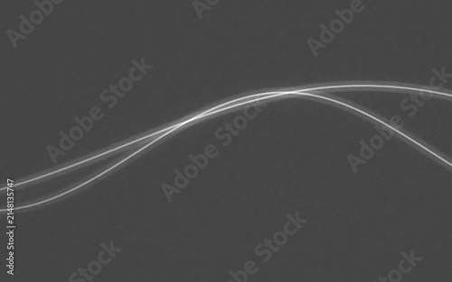 Two glowing white curved lines crossing each other on a dark gray textured background, forming a minimalist, and abstract light pattern