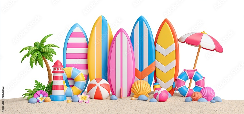 Obraz premium On a sunny tropical beach, colorful 3D surfboards and beach accessories are neatly displayed on the sand.