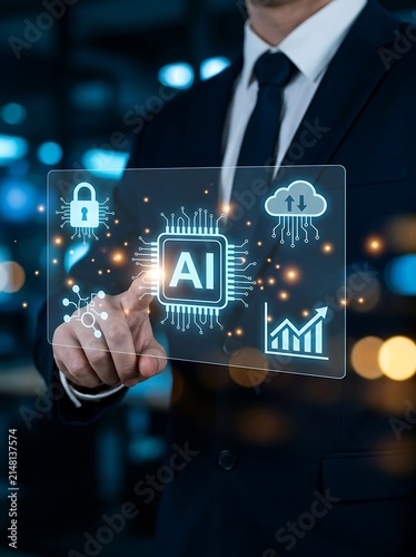 Person's finger touching ai interface with artificial intelligence