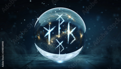 Ancient Wizard Crystal Orb with Glowing Norse Runes on Dark Mystical Background