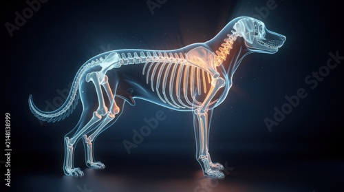 Digital X-ray illustration showing the detailed skeletal structure of a dog in profile view.
