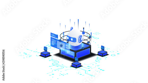 AI agentic automation isometric vector illustration. robot assistant dashboard automation system concept with coding and digital machine learning.