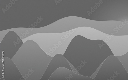 Abstract landscape with layered rolling hills in shades of gray, creating a soft, flowing, and minimalist mountain scenery