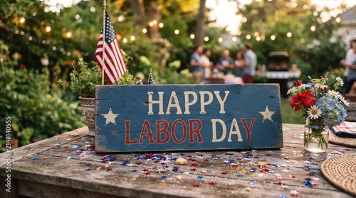 Happy labor day sign on a rustic wooden table with decorations