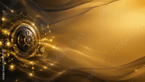 Futuristic digital banking concept with secure vault and golden waves representing fintech innovations and solutions