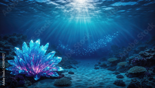 Bioluminescent Blue and Purple Crystal Formation on Coral Reef Underwater Scene