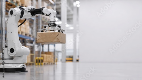 Automated sustainability robotic arm lifting eco package in a warehouse