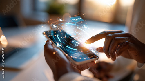 close up of hands holding smartphone with chatbot interface, feedback loop icons, bright clean background, business automation technology, customer service graphics, modern