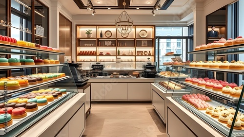 Vibrant display of colorful pastries and desserts in a modern bakery.