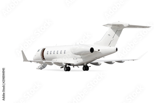White luxury executive airplane with an opened gangway door isolated