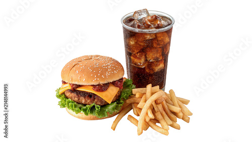 Fast food meal combo with burger french fries and cola drink isolated on transparent background