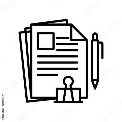 Document Stack with Pen and Binder Clip Line Icon Minimalist Business Contract Concept