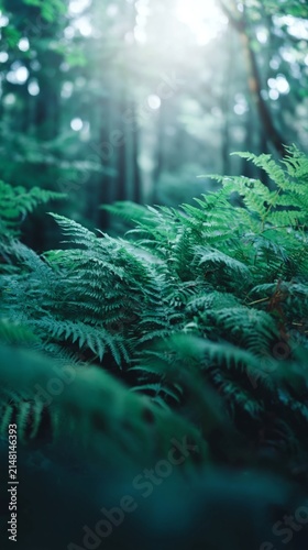 Sunlight filtering through a dense fern forest floor with soft motion blur