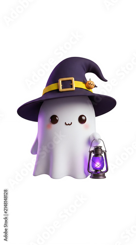Cute cartoon ghost witch holding a glowing blue orb