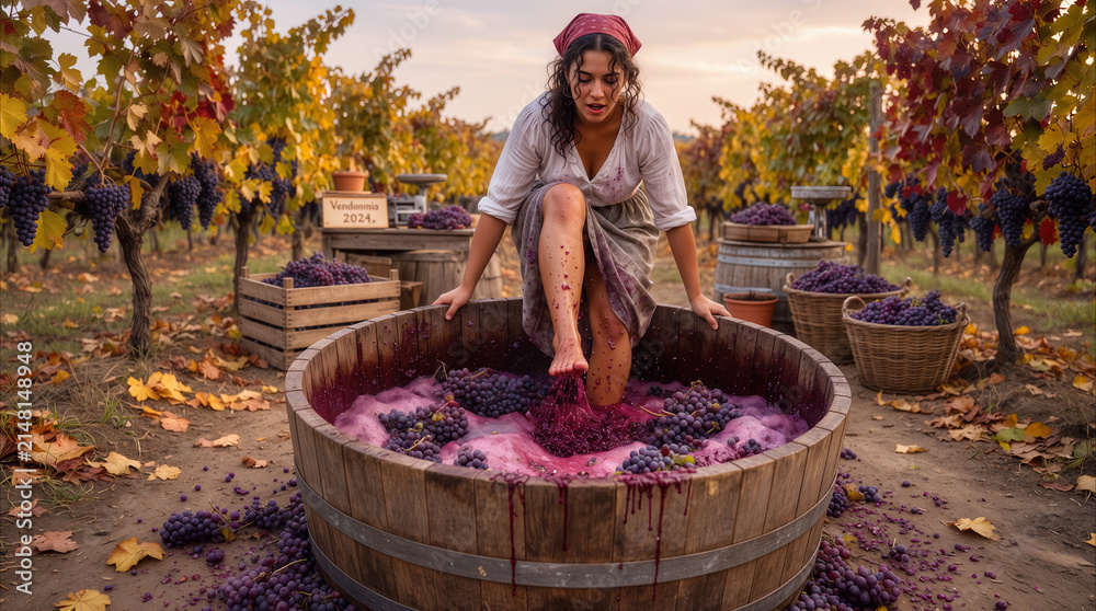 Obraz premium Female winemaker crushing red grapes by foot in wooden vat. Traditional viticulture and wine production during autumn harvest in rural vineyard.