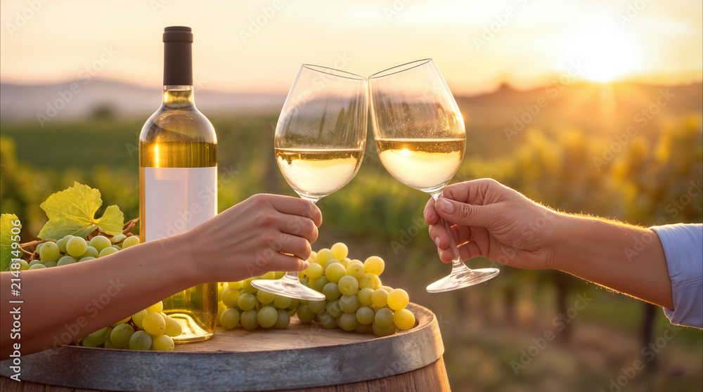 Obraz premium Couple clinking white wine glasses over wooden barrel in vineyard at sunset. Romantic celebration at winery during harvest season.